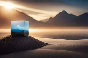 a cube sitting on top of a sand dune with mountains in the background. AI-Generated photo