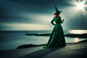 a woman in a green dress and hat stands on a cliff overlooking the ocean. AI-Generated photo