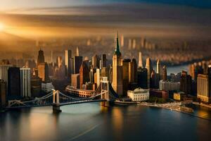 the sun rises over the city skyline in new york. AI-Generated photo