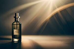 a bottle of perfume sitting on a table. AI-Generated photo