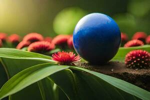un azul huevo sentado en parte superior de un verde planta. generado por ai foto