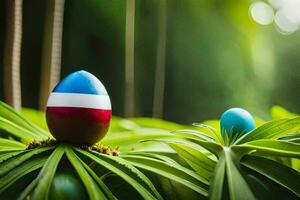 easter eggs in the forest. AI-Generated photo