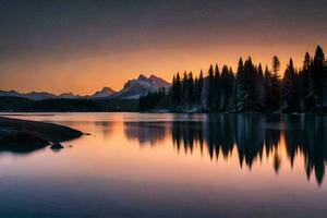 a beautiful sunset over a lake with trees and mountains. AI-Generated photo