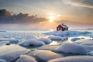 un rojo casa se sienta en un hielo témpano de hielo en el medio de el océano. generado por ai foto