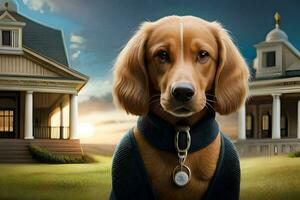 the dog is wearing a blue jacket and standing in front of a house. AI-Generated photo