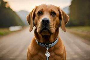 un marrón perro con un azul collar en pie en un la carretera. generado por ai foto