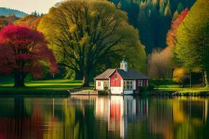 a red house sits on the edge of a lake surrounded by trees. AI-Generated photo