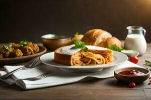 el italiano comida es servido en un de madera mesa. generado por ai foto