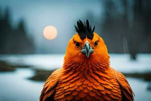 un rojo pájaro con un negro cabeza y plumas. generado por ai foto