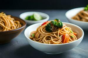 two bowls of noodles with vegetables and vegetables. AI-Generated photo