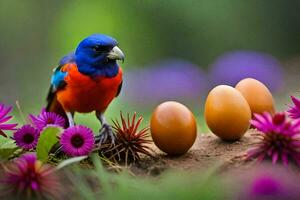 un vistoso pájaro es en pie siguiente a algunos huevos. generado por ai foto