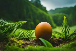 un huevo en un verde campo. generado por ai foto