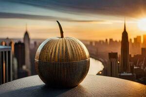 a golden apple sitting on top of a table with a city in the background. AI-Generated photo