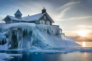 a house on an iceberg in the middle of the ocean. AI-Generated photo