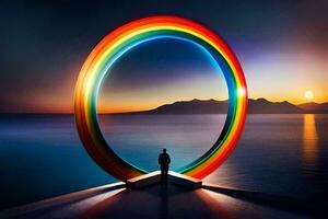 un hombre soportes en frente de un arco iris anillo. generado por ai foto