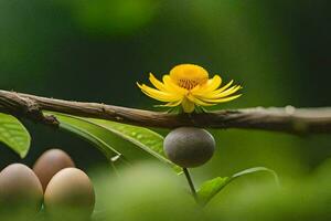 a yellow flower and some eggs on a branch. AI-Generated photo