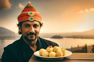 a man in a traditional indian outfit holding a plate of food. AI-Generated photo