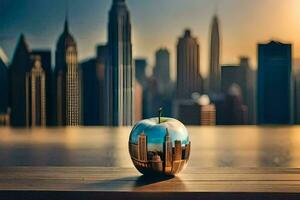 an apple sitting on a table with a cityscape in the background. AI-Generated photo