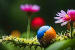 a colorful egg on a plant with flowers. AI-Generated photo