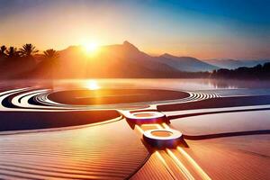 a sunset over a lake with a circular structure. AI-Generated photo