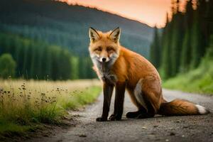 a red fox is sitting on the road at sunset. AI-Generated photo