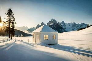 a small white hut sits in the middle of a snowy field. AI-Generated photo