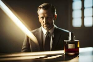 a man in a suit and tie standing next to a bottle of perfume. AI-Generated photo
