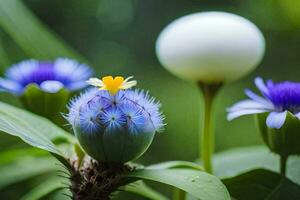 a blue flower with a white ball in the middle. AI-Generated photo