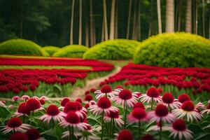 a field of red and white flowers in the middle of a forest. AI-Generated photo