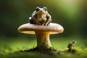 a frog sits on top of a mushroom. AI-Generated photo