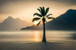 a lone palm tree stands on the beach at sunset. AI-Generated photo