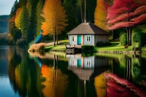 a small house sits on the edge of a lake. AI-Generated photo