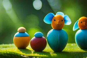 a group of colorful wooden toys on a green leaf. AI-Generated photo