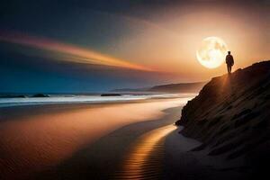 un hombre soportes en el playa mirando a el lleno Luna. generado por ai foto