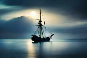 a sailing ship in the ocean under a full moon. AI-Generated photo