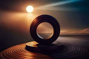 a tire on top of a wooden platform with a sun in the background. AI-Generated photo