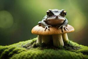 a frog sitting on top of a mushroom. AI-Generated photo