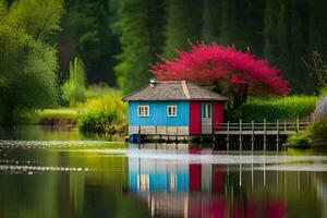 a small house sits on the edge of a lake. AI-Generated photo