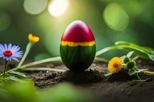 an easter egg is sitting in the dirt with flowers. AI-Generated photo