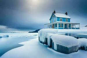 un azul casa se sienta en parte superior de un hielo cubierto playa. generado por ai foto