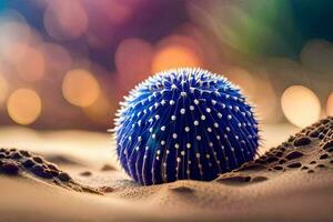 a blue spiky ball in the sand. AI-Generated photo