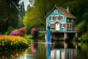 un casa en un pequeño isla rodeado por flores generado por ai foto