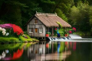 a small house sits on the edge of a lake. AI-Generated photo