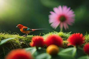 photo wallpaper the sky, flowers, bird, nature, the sun, flowers, bird, nature. AI-Generated