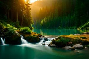 the sun shines on a beautiful mountain stream in the forest. AI-Generated photo