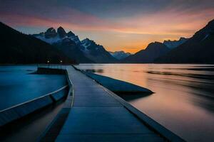 un largo exposición fotografía de un muelle a puesta de sol. generado por ai foto