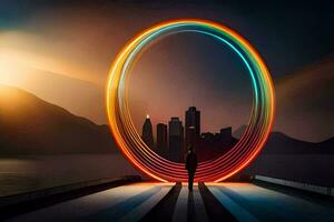 a man standing in front of a circular light ring. AI-Generated photo