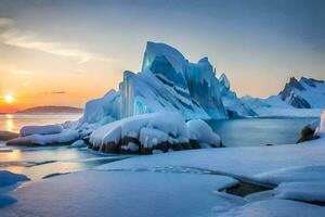 the sun sets over an iceberg in the water. AI-Generated photo