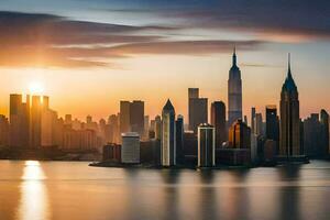 the manhattan skyline at sunset. AI-Generated photo