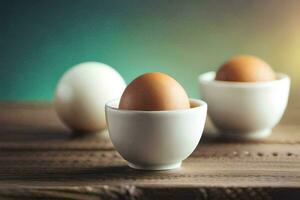 three eggs in white cups on a wooden table. AI-Generated photo